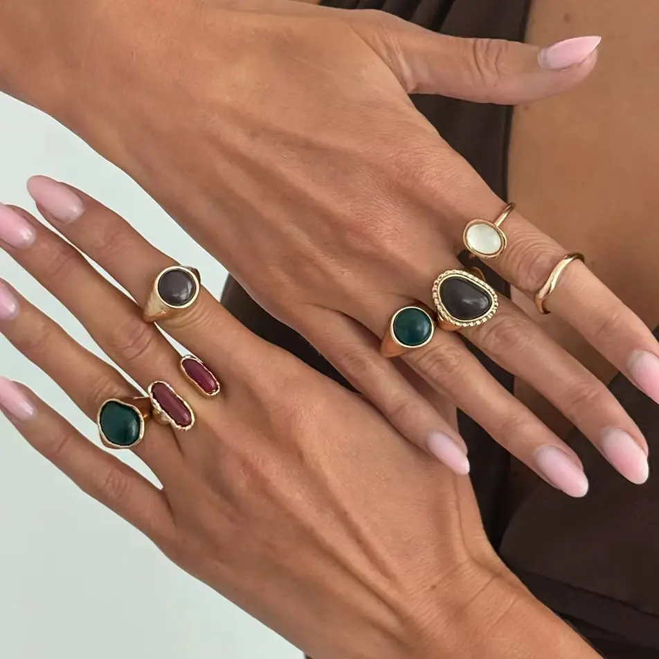 KunJoe 7 Pcs/Set Trendy Smooth Surface Wrinkles Liquid Metal Resin Acrylic Imitation Gemstone Open Rings for Women Y2K Jewelry