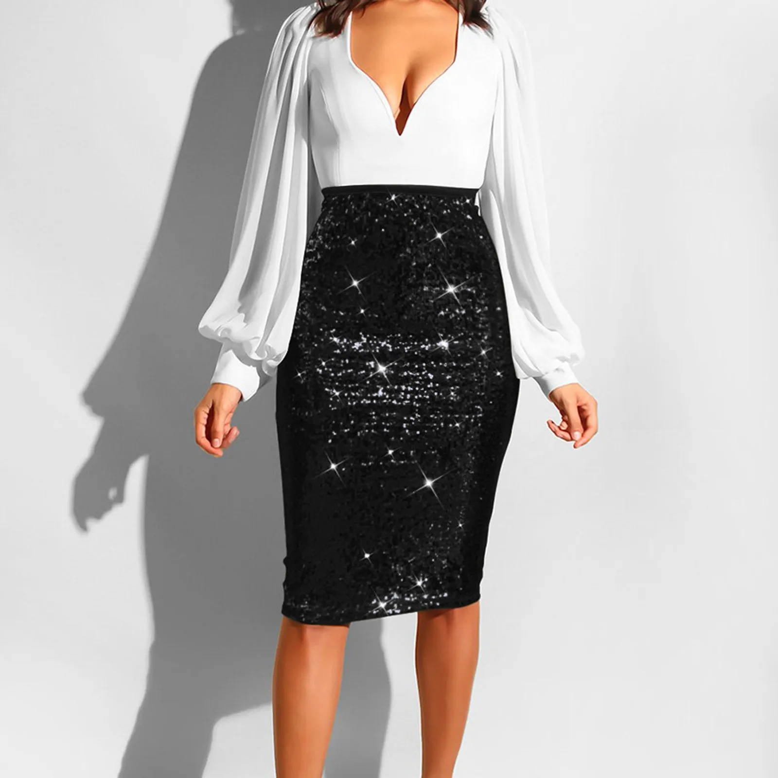 Women's Elegant Skirt Ladies Solid Color Sequins Sparkle Fashion High Waist Slimming Wrap Hip Cocktail Party Half Body Skirt