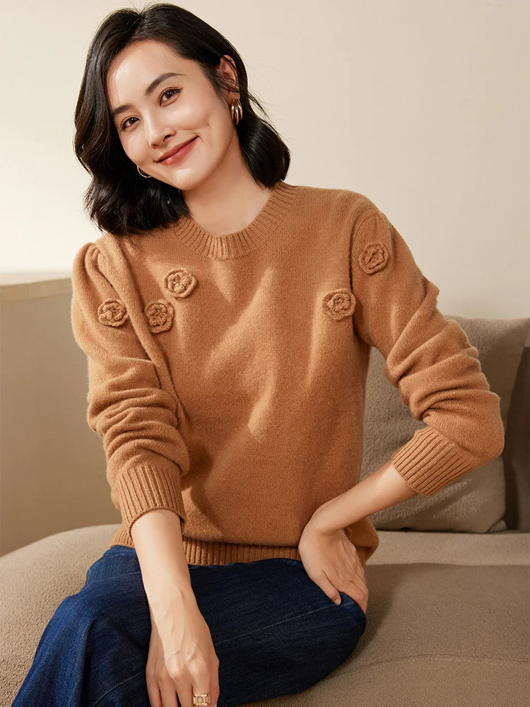 

100%Cashmere Sweater For Women Handmade Crochet Flower Loose Pullover Sweater Women's Long Sleeved Knitted Top Sweater Winter