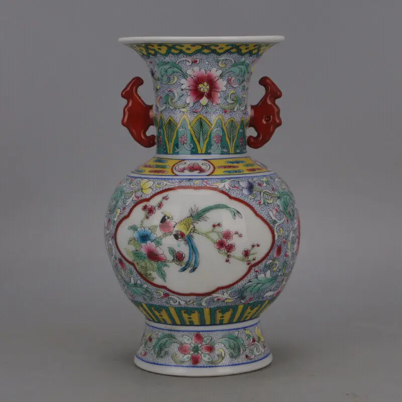 

9.1" Good Chinese Colour Enamels Porcelain Gild Two Ear Plum Blossom Bird Vase