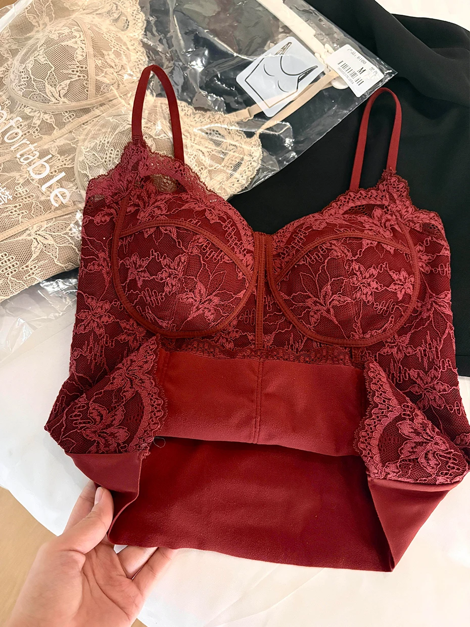 Red Lace Fishbone Strap Vest Women's Outerwear Integrated Chest Pad Beautiful Back Bra Base Layer French Style Slim Fit Vest