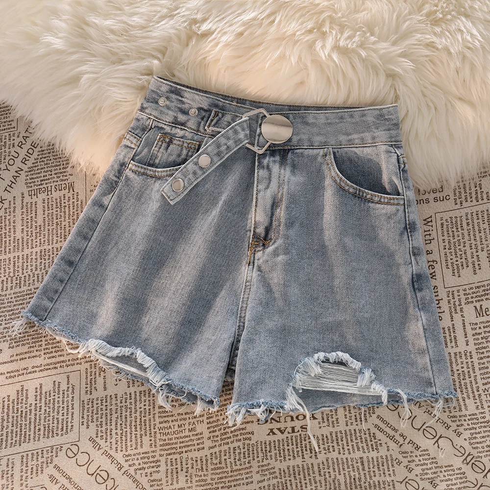 Chic Design Denim Shorts 2024 Summer Sweet Cool Spicy Girl Broken Hole Raw Edge High Waist Pockets Shorts Fashion Women's Wear