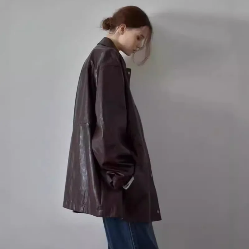 HKSH Frühling Herbst Neue Wome Jacke Faux Leder drehen-unten Kragen Einreiher Punk Streetwear Trendy Mid-Länge Mantel HK11368