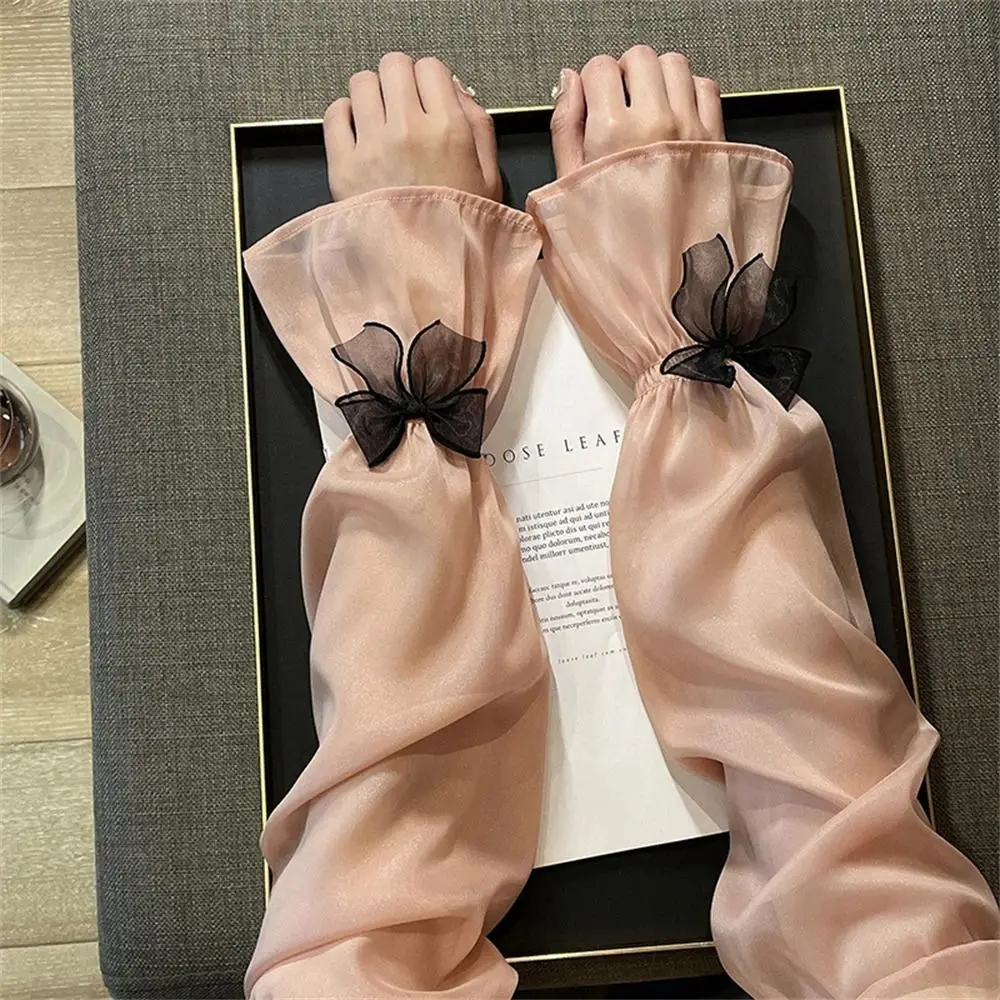 Fashion Sun Protection Long Arm Sleeves Fingerless Nylon Bow Ice Silk Sleeve Arm Covers Hand Sleeves Summer Arm Warmers Sports