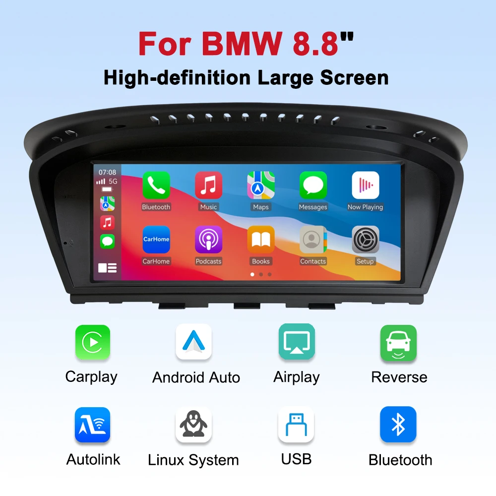 Radio de coche inalámbrico con CarPlay y Android Auto de 8.8 pulgadas para BMW Serie 3 y 5 E60 E61 E63 E64 E90 E91 E92 con sistema CCC CIC 2004-2012, sistema inteligente para coche, pantalla táctil multimedia inteligente con Bluetooth, navegación GPS, Autolink, Navi, Mirror Link, AirPlay.