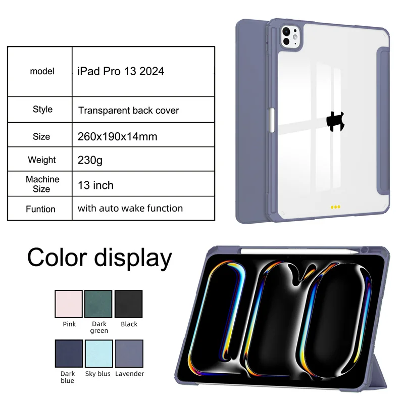 for iPad Pro 13 (2024) Soft TPU Clear Leather Foldable Stand Shell Pen slot with Wake/Sleep Function Cover case