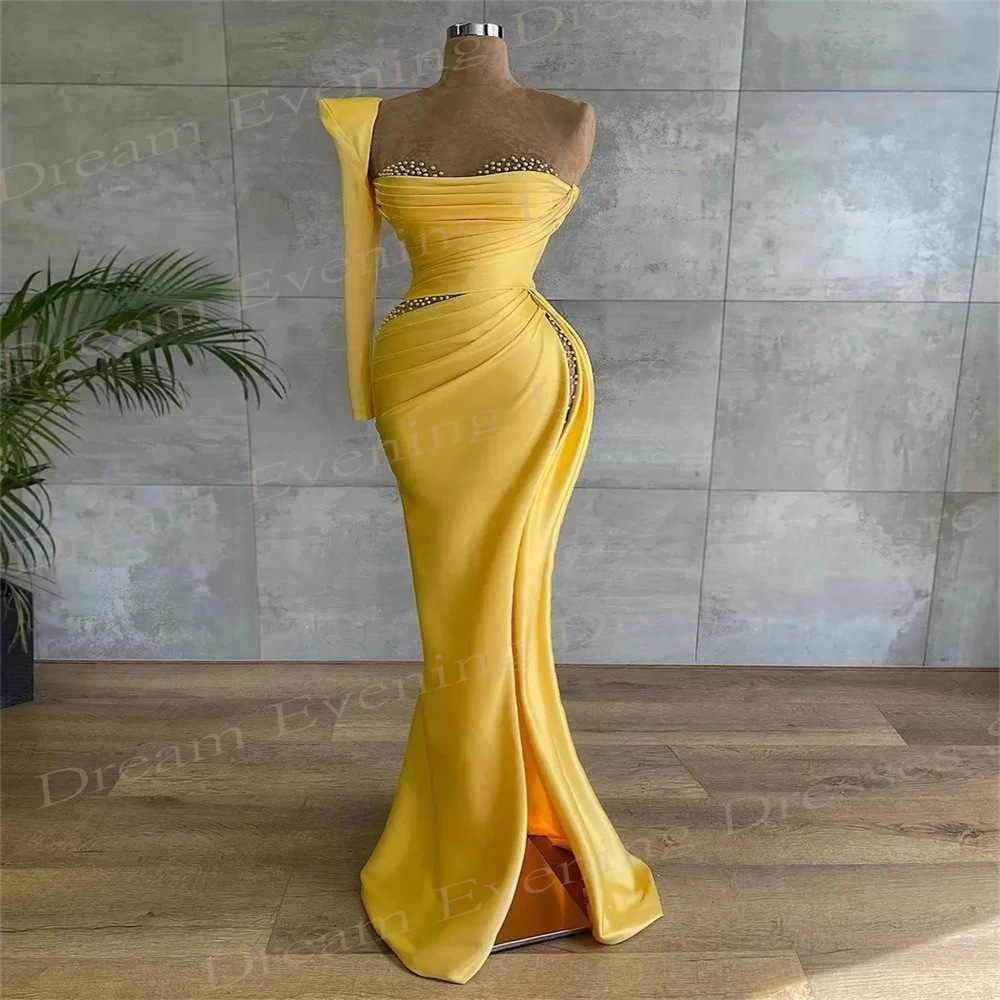 Vestido de noche clásico de sirena para mujer, traje de un hombro, manga larga, con cuentas, color amarillo, 2024