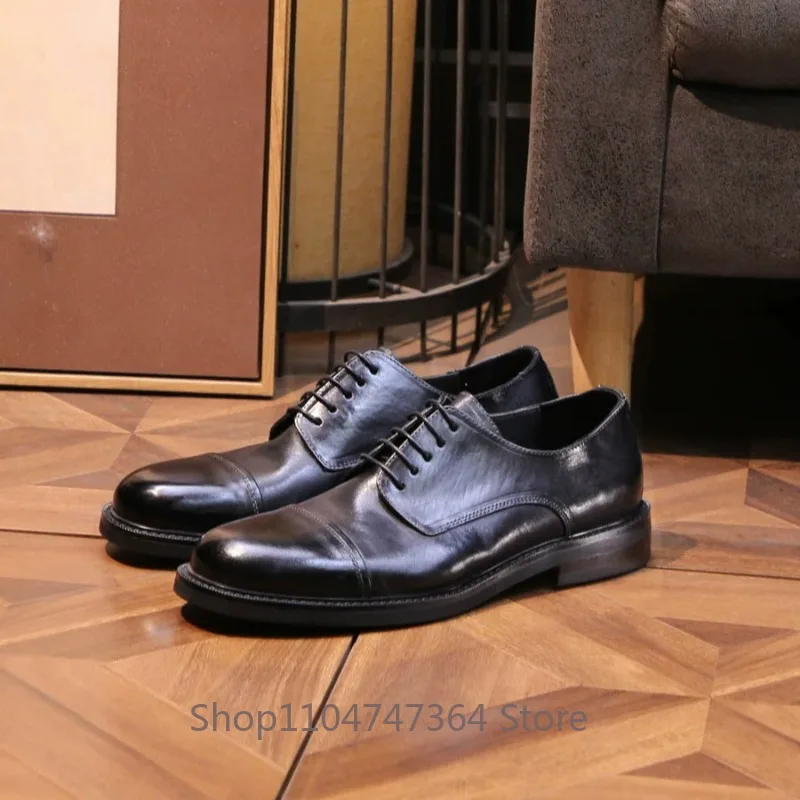 Italian Business Style Genuine Leather Derby Shoes Men's Trendy Round Toe Lace Up Washed Handmade Casual Leather Shoes Male