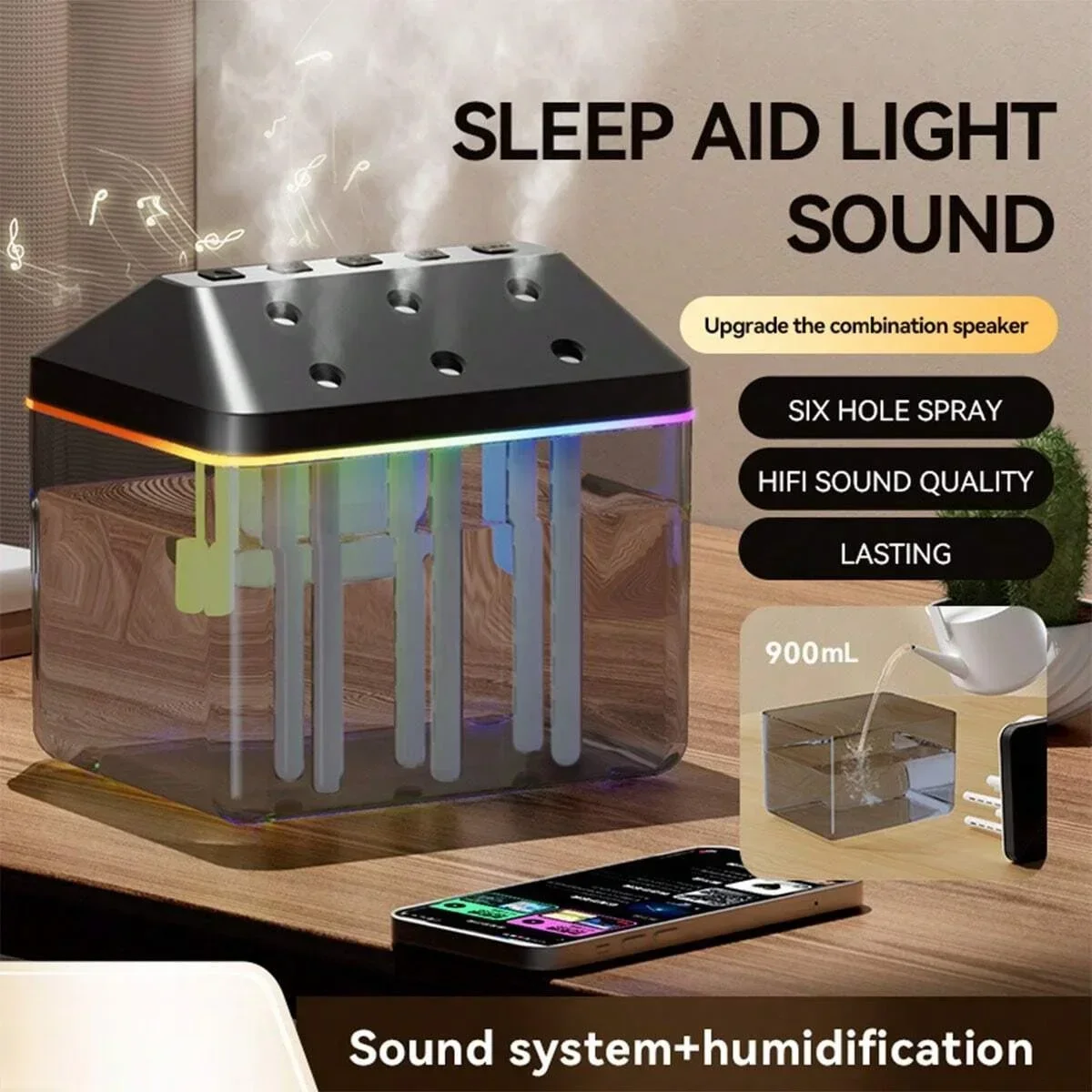 New 900ML 6-Nozzle Musical Humidifier, Bluetooth Speaker & Desktop Mist Humidifier Combo With colorful Light for Home Office Use