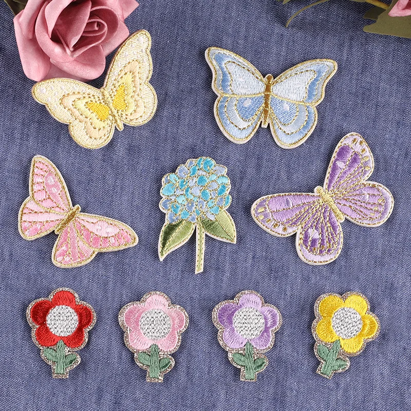 Fashion Colorful Pretty Gold Butterfly Flowers Embroidered Patches For Clothing Hand Account DIY Self-adhesive Decorative Badges