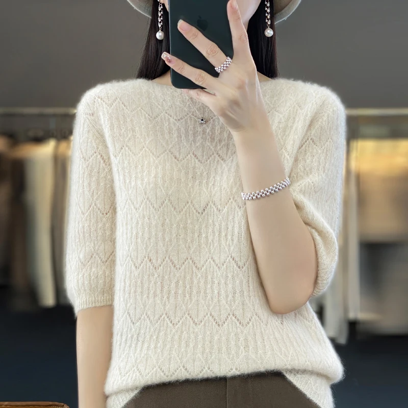 5/4 Sleeve Hollow Round Neck Solid Color Pullover Versatile Popular Blouse Spring/Summer Women's New Top