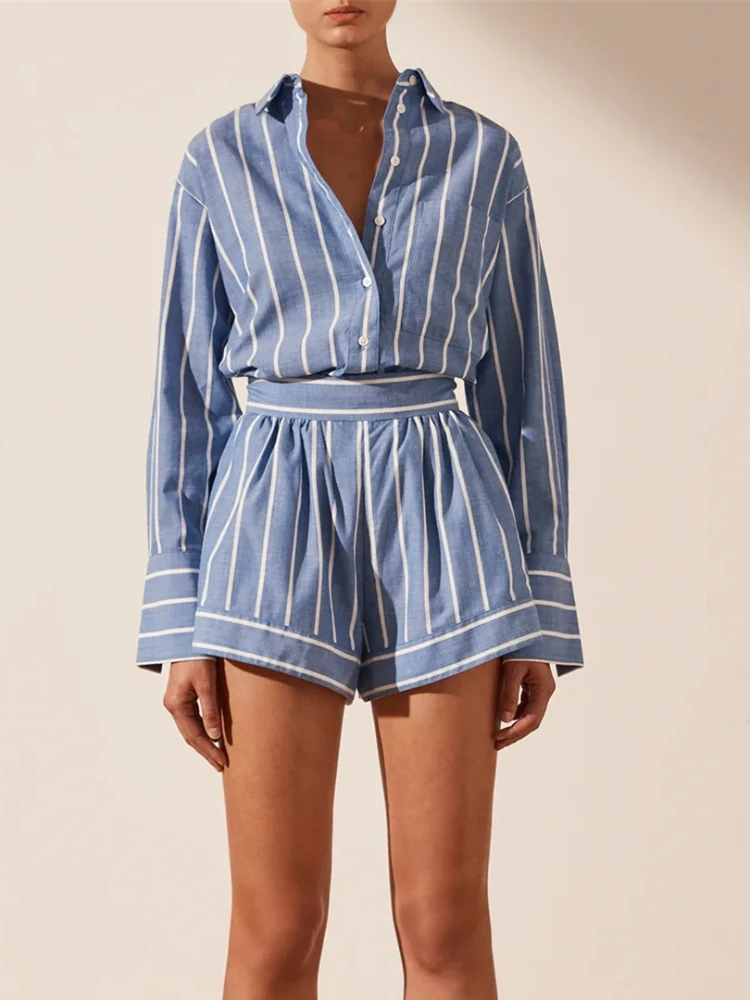 2024 New in Summer Fashion Elegance 2 Pieces Suit Set Female Striped Plaid Turn-Down Collar Long Sleeve Shirt Short Pants Suit