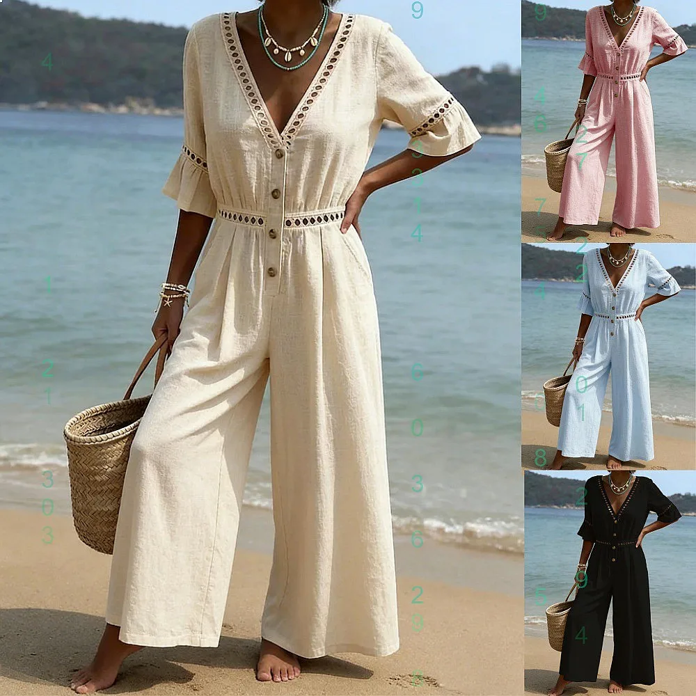 

Spring Summer Casual Lace Short Sleeve V Neck Long Jumpsuit Women Solid Color Overall Playsuit