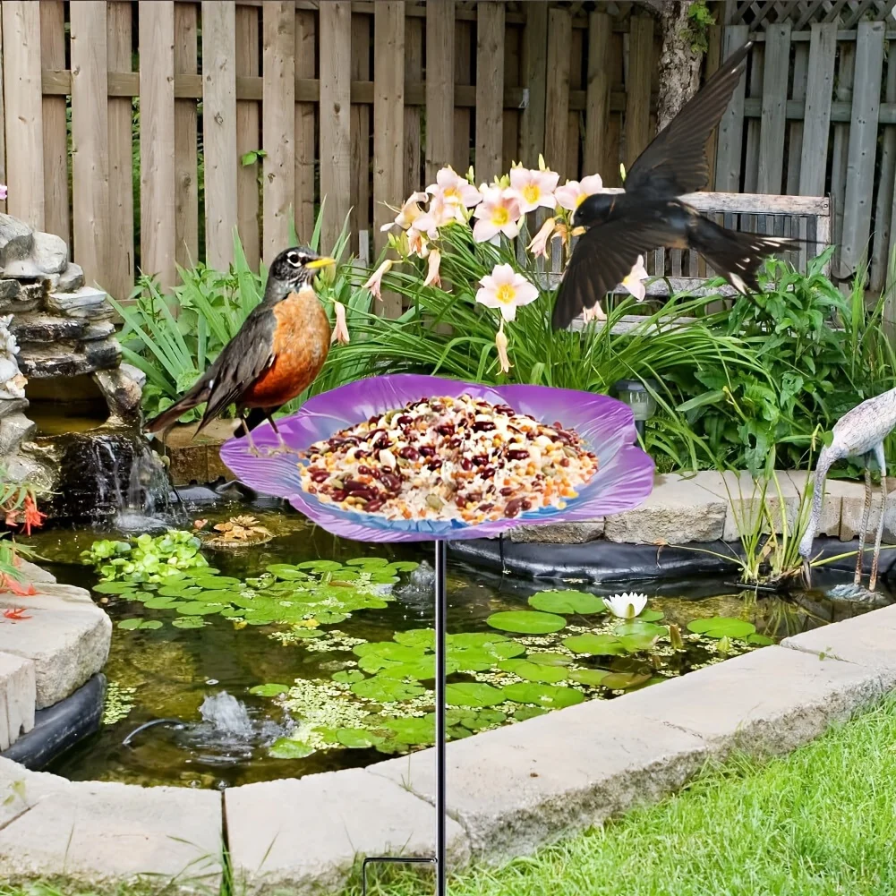 

Garden Bird Feeder with Metal Flowers Attract Birds with This Outdoor Watering Dish And Stand