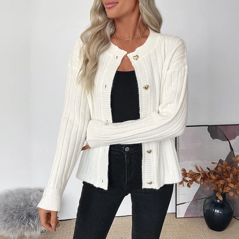 2026 Winter Casual Beige Knitted Jacket For Women O Neck Long Sleeve Ribbed Coat Ladies Autumn Elegant Loose Buttons Coat Female