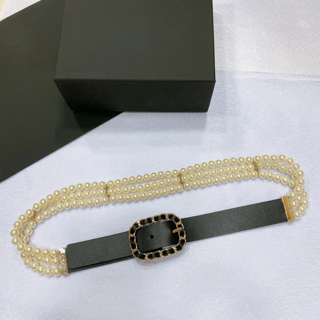 French fashion calfskin glass pearl metal belt