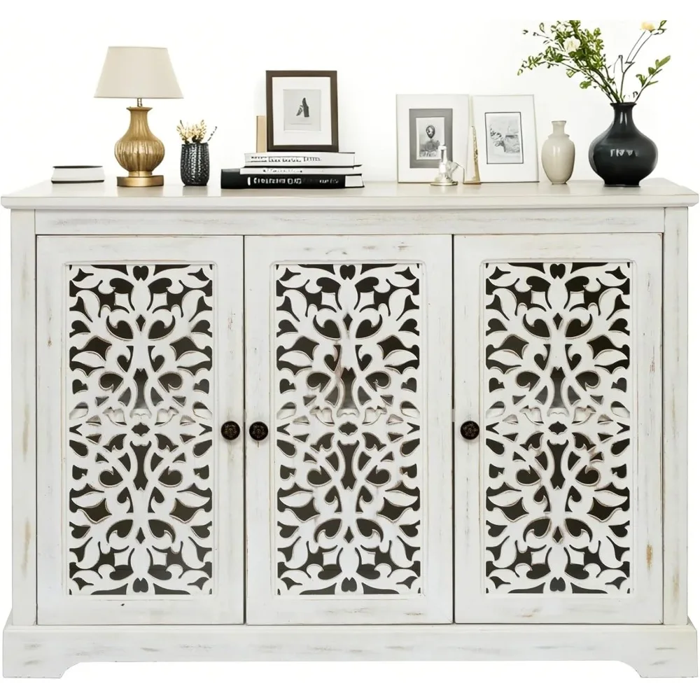 44 خزانة بوفيه جانبية، تخزين لهجة المزرعة مع 3 أبواب منحوتة مجوفة لغرفة المعيشة/الطعام، مطبخ عتيق مع