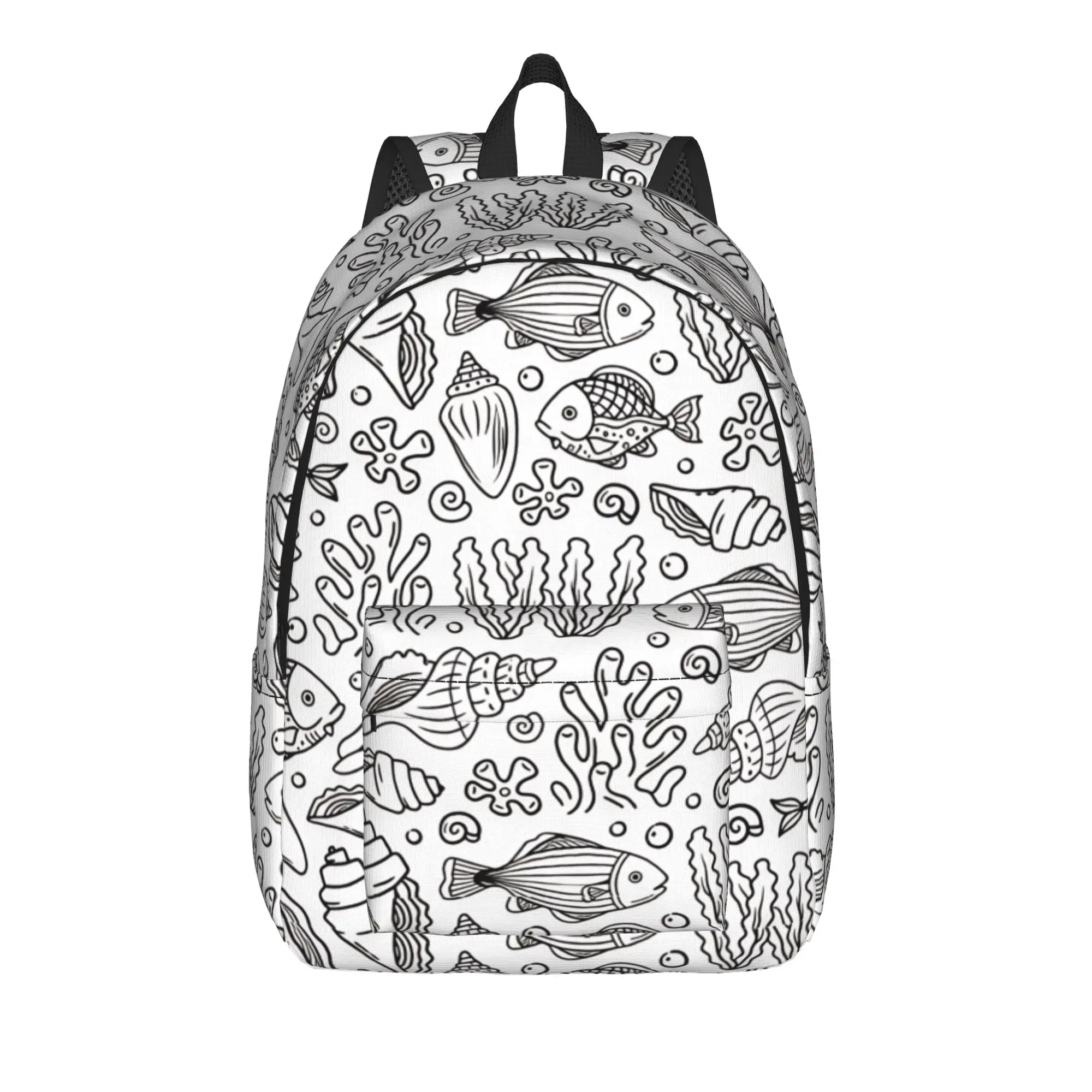 Underwater Fish And Seashell Doodle Pattern Backpack Men Print Backpacks Polyester Cute High School Bags Workout Design Rucksack