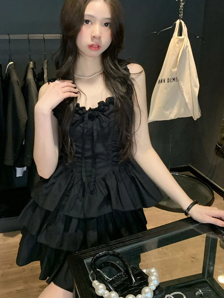 Abito camis nero senza maniche da donna Abito francese con fiocco dolce con lacci Abito da torta sottile Sexy con spalle scoperte Pieghe Abiti da festa Nuovo