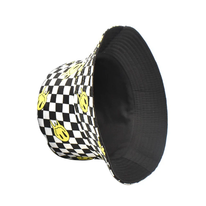 Bocca Smile Face Bucket Hat Plaid Panama Fisherman Hats Women Men Yellow Face Cartoon Bob Cap Hip Hop Foldable Sun Outdoor Caps