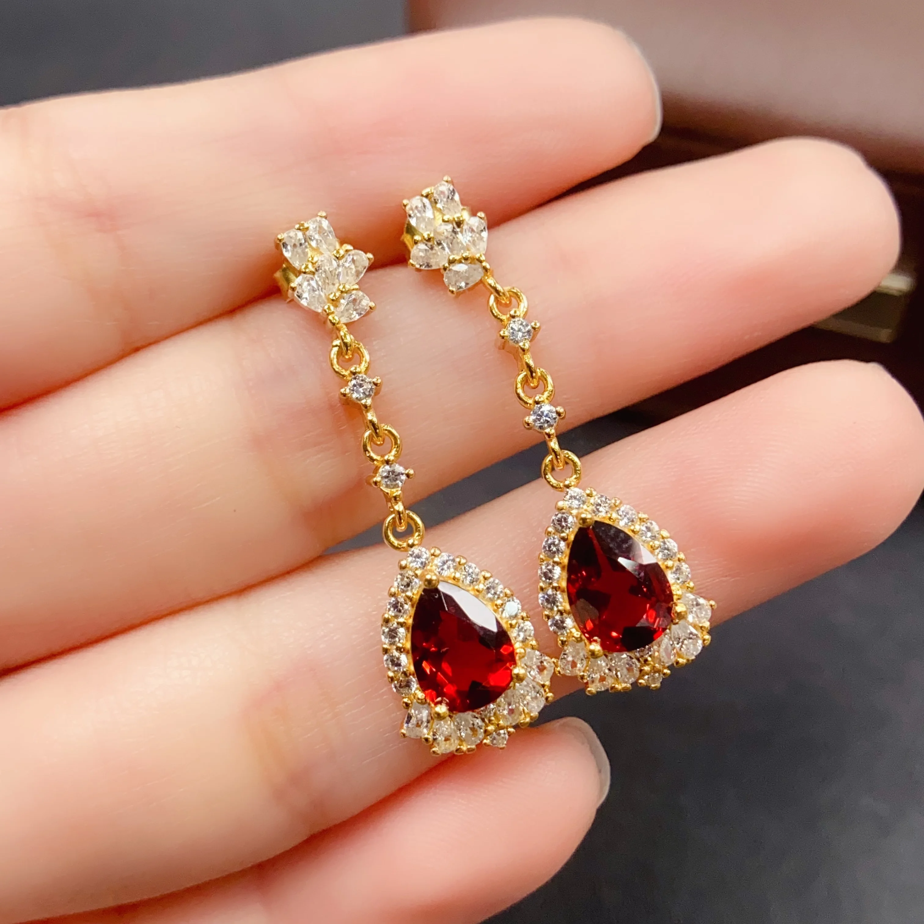 6*8mm Natural Garnet Long Earrings S925 Sterling Silver Certificate Fine Fashion Luxury Design Charm Jewelry for Women FS