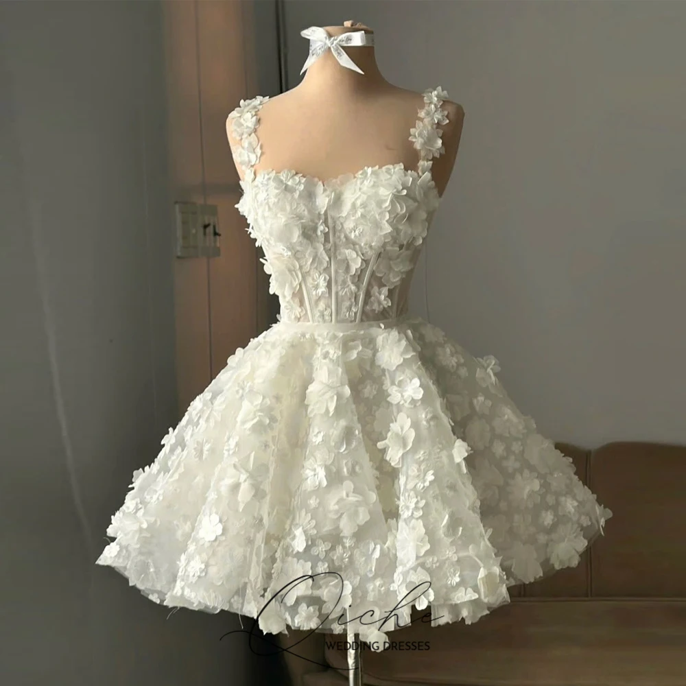

QICHE Short Mini Wedding Dresses Sweetheart A Line Floral Appliques Bridal Gown Above Knee Elegant Party Prom Gown Customized
