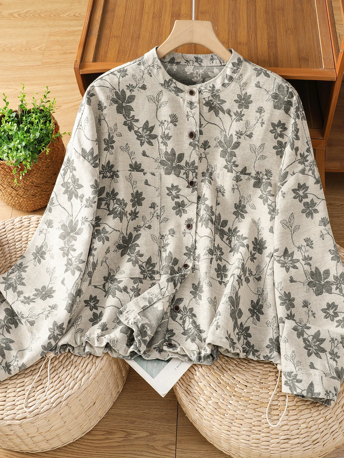 

Retro Sle Women's Printed Cotton Linen ort Coat Long Sve Open Cardigan Outerwear Floral Pattern Autumn Wear