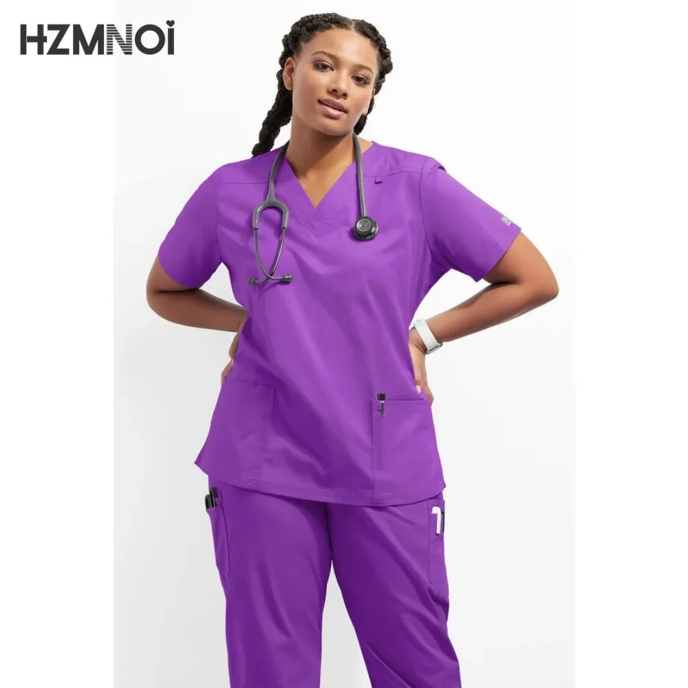 بدلة زي موحد للممرضات بجيوب للنساء ، ملابس عمل بيطرية ، ملابس فرك وبنطال ، لون واحد ، أكمام قصيرة ، زي موحد للممرضات ، زي موحد للعربات