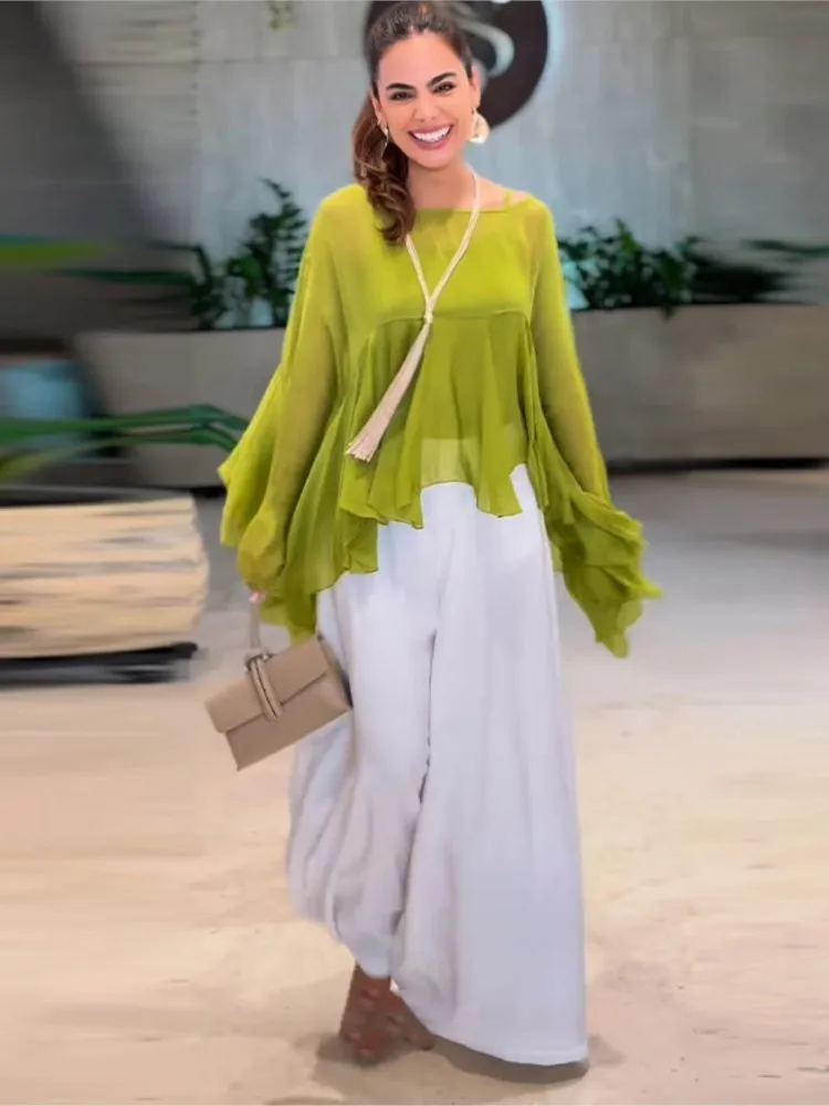 جديد الخريف غير النظامية بشق شال + السراويل قطعتين مجموعة المرأة موضة الصلبة فضفاضة طويلة الأكمام بلوزات واسعة الساق السراويل 2 قطعة مجموعة