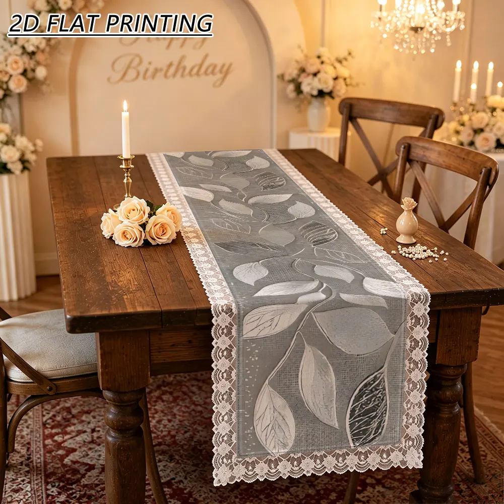 1pc Silver Leaf Vine Pattern Tulle Lace Table Runner For Housewife Holiday Dining Decor