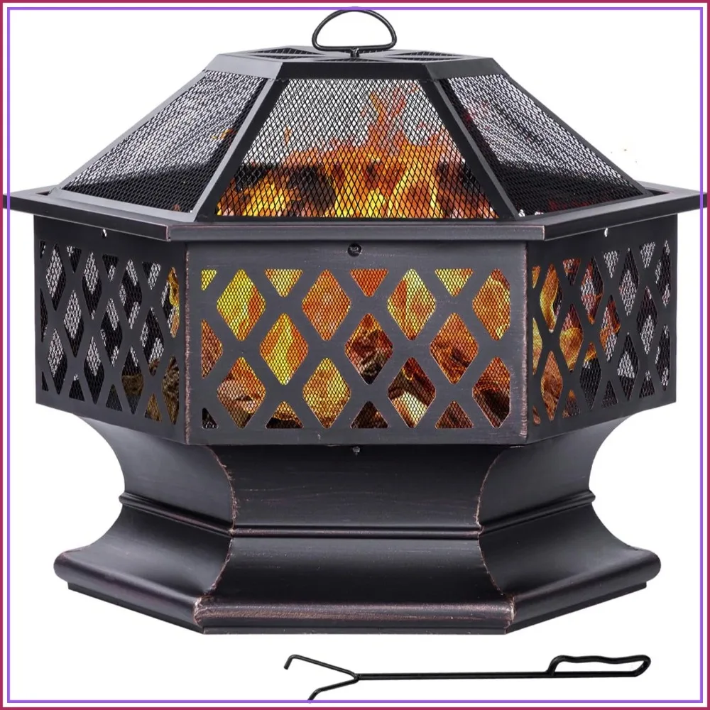 28 Inch Hexagon Outdoor Fire Pit for Patio and Backyard