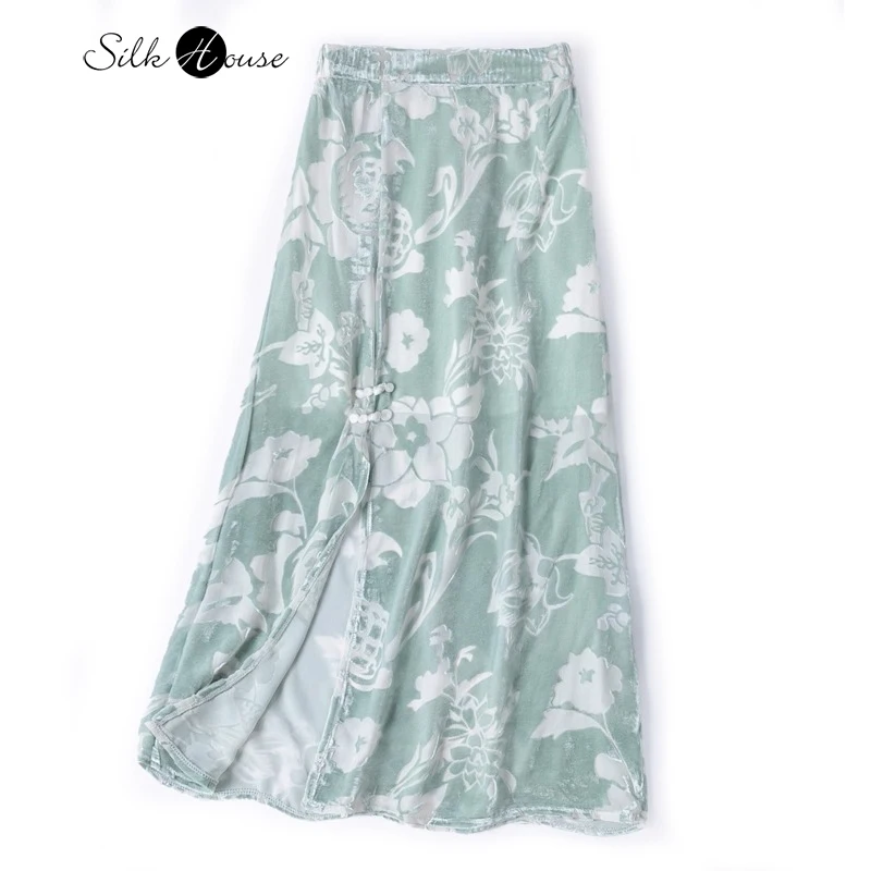 

Fashion Women's Wear Water Green Luxury 30% Natural Mulberry Silk Velvet Temperament Artistic Elastic Waist Split Bucket Skirt