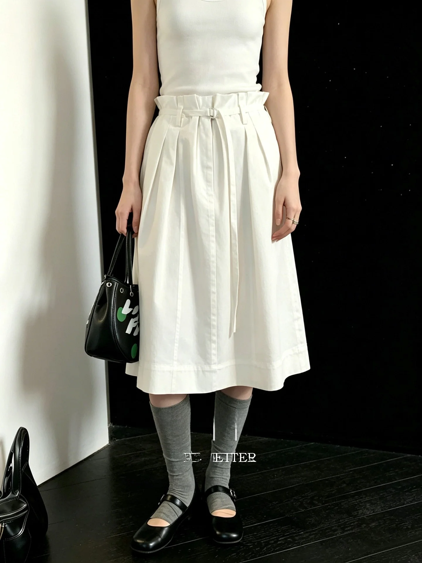 Huaappuw High Waist A-Line Skirt Women's Fashion Summer New Heavy Embroidery Belted 3D Folded Half-length City Commute Skirt