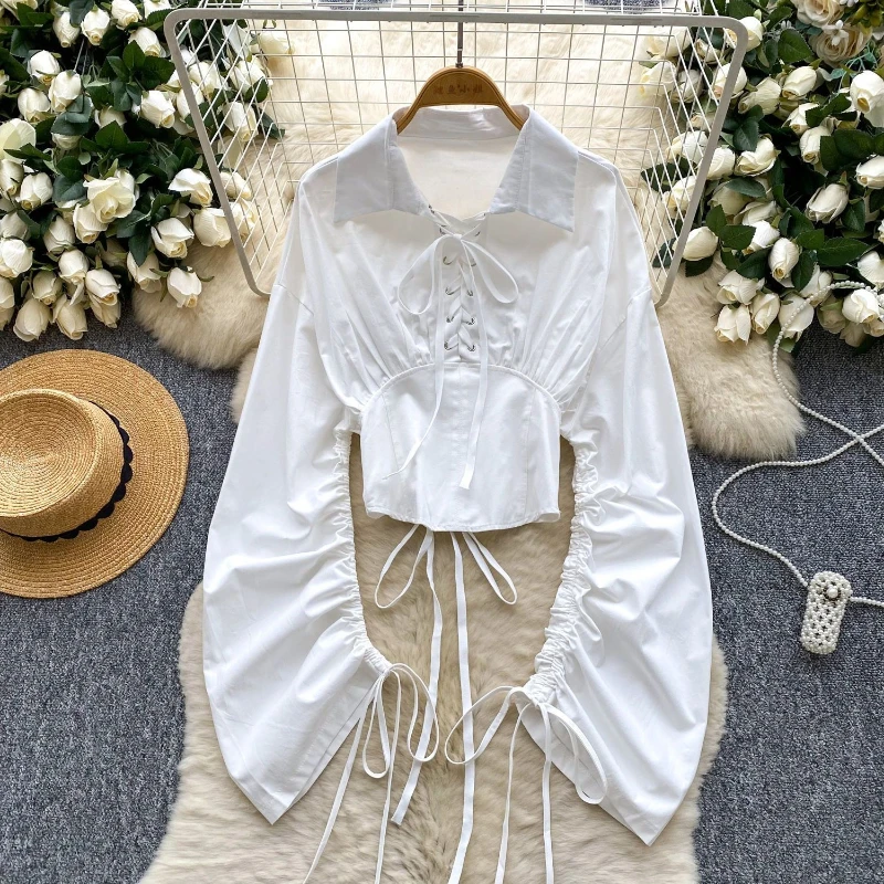 

Korean style design lace-up lapel collar long sleeved shirt women in spring personalized waist cinching and stylish chic top