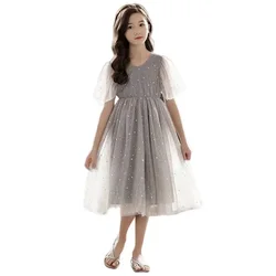 Grey Dresses For Girls Kids Lace V-neck Dress Summer Gauze With Lining 100% Cotton Princess Midi Dress Cute Stars 10 14 16 Year