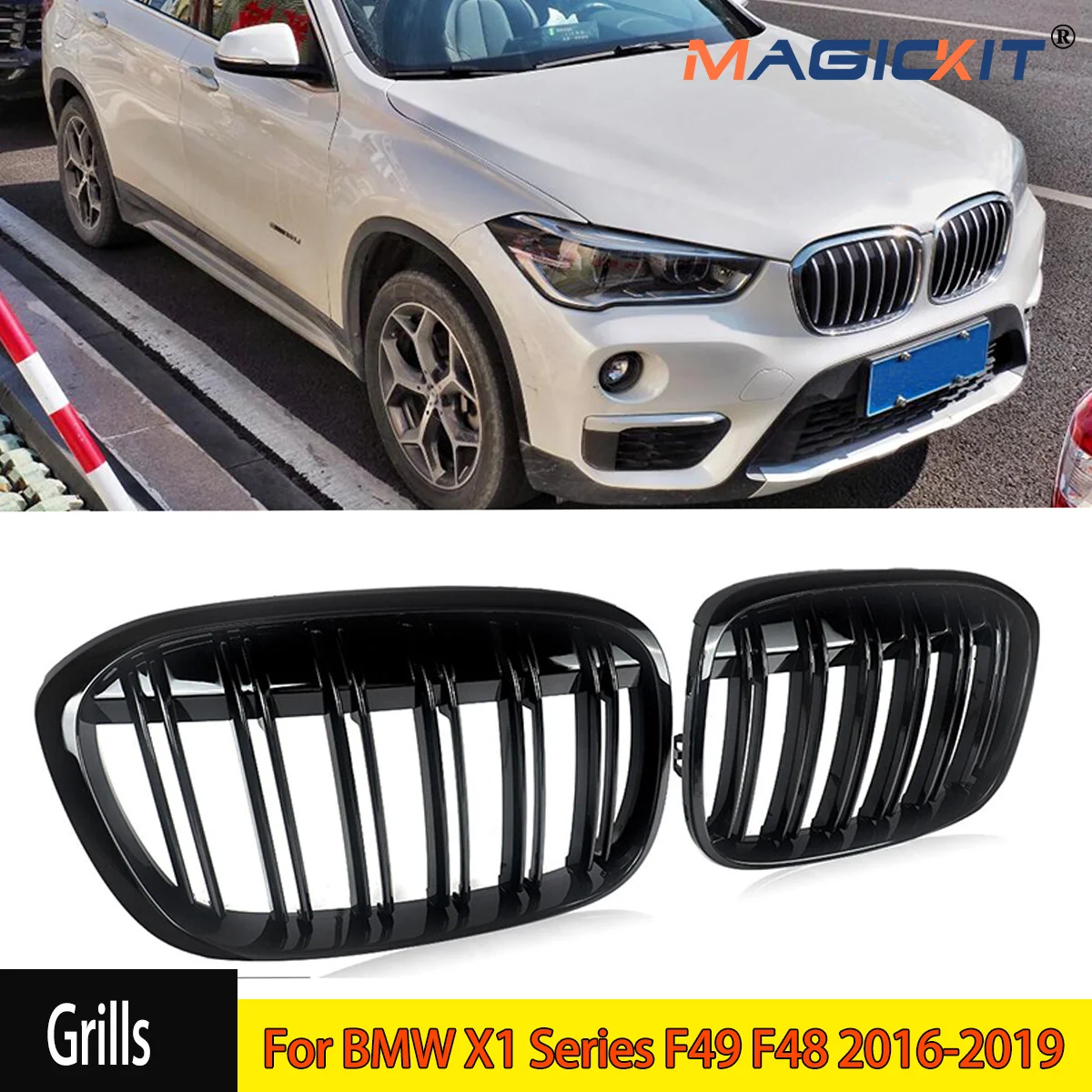 MAGICKIT Front Kidney Hood Grille Grill For BMW X1 F48 F49 2016-2019 Grill Glossy Black Accessories