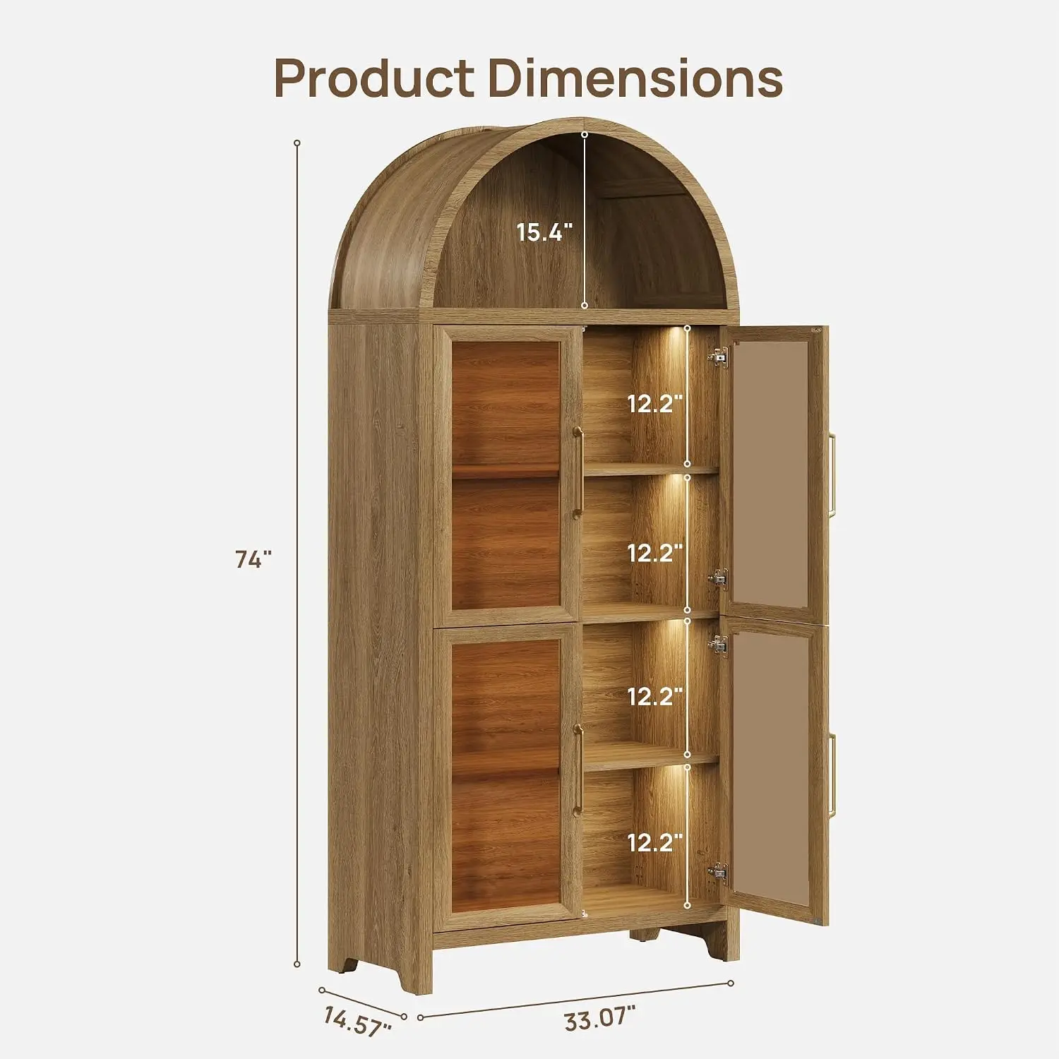 Arched Bookcase With Glass Doors & Motion LED Lights 74