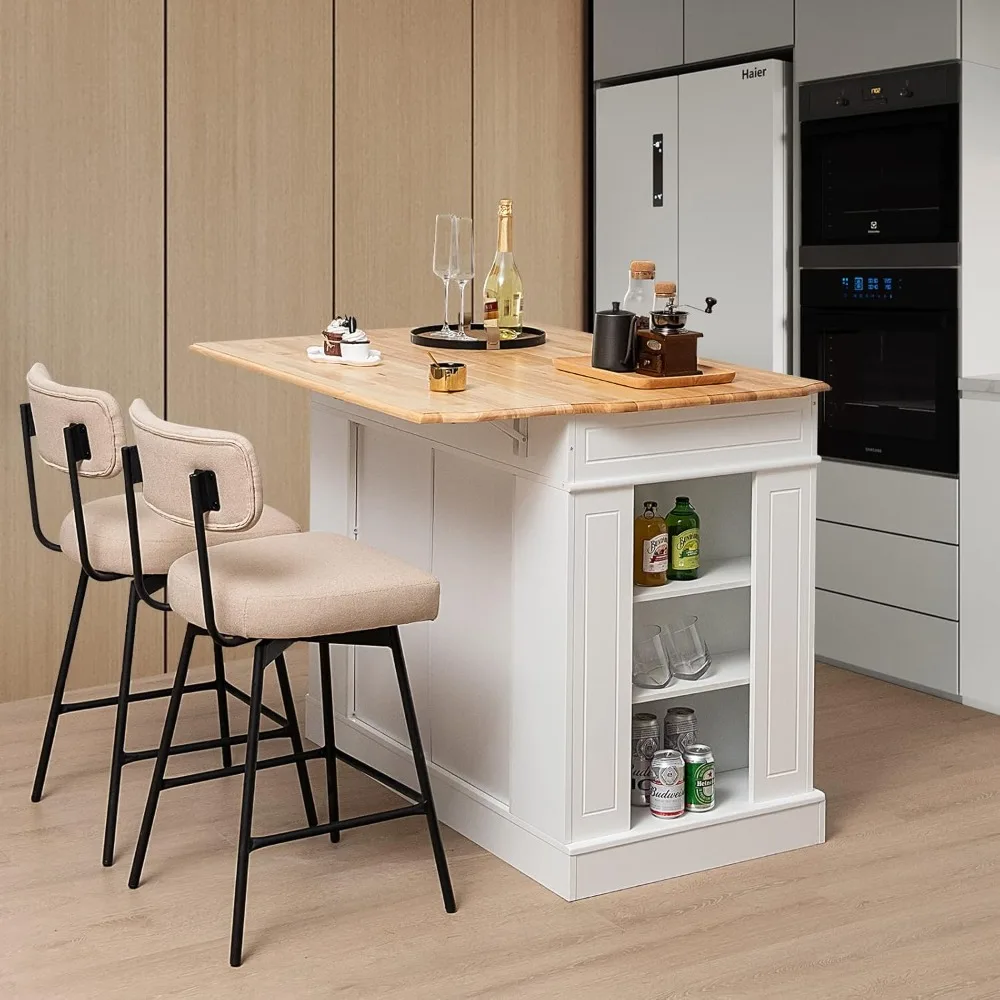 Kitchen Island with Drop Leaf, Kitchen Storage Cabinet with Rubber Wood Top, 2 Drawers, 5 Adjustable Shelves & Spice Racks