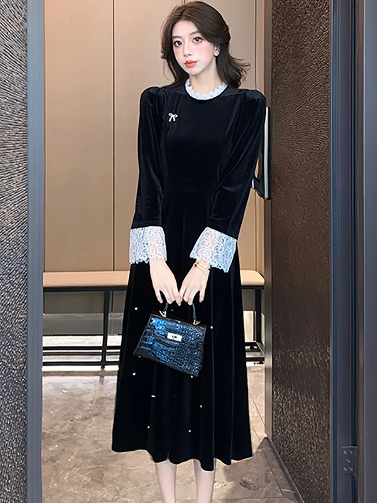 Robe longue en velours noir à volants et perles, tenue de soirée de luxe, Vintage coréenne, élégante, moulante, automne hiver 2025