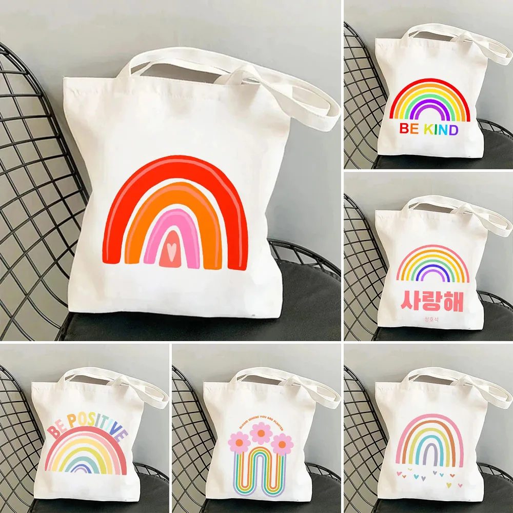 Colorful Pastel Rainbow Flower Bloom Letter Korean Womens Canvas Shoulder Cotton Tote Bags Cute Shopper School Shopping Handbags