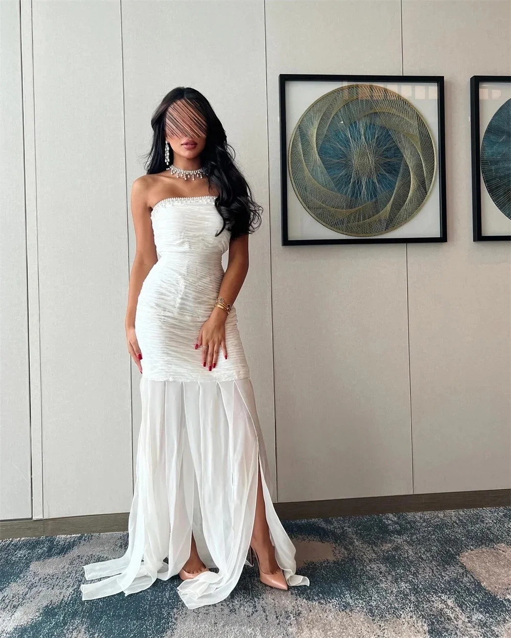 

Slit Chiffon Pearls Long Bespoke Occasion Gown Evening Dresses Pastrol Unisex Jersey Retro Dubai Saudi Arabic Prom Customized