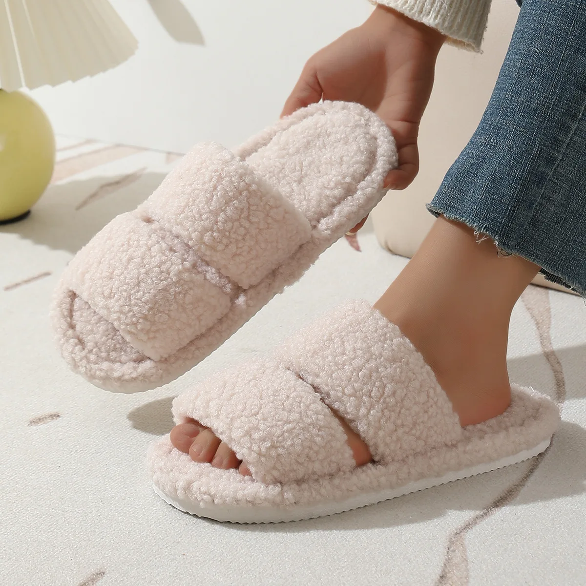 

Tum New Double Bar Plu Cotton Slippers Home Open Slippers Indoor Fur Slippers Comfortable Soft PVC Upper Flat Heel EVA Outsole