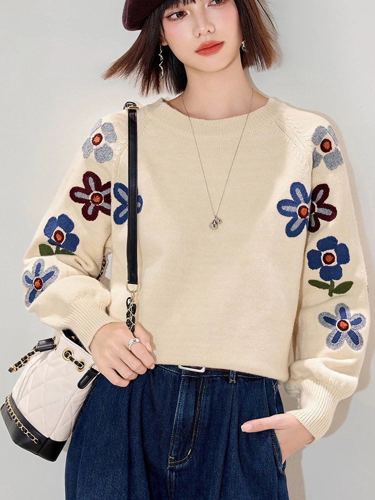 Women Beige Sweater Autumn Winter Floral Embroidered Pullover Knitted O-neck Button Long Sleeve Soft Top Female SW017