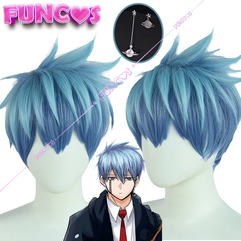 Anime Mashle Magic and Muscles Lance Crown Cosplay Wig Blue Short Fiber Hair Planet Earrings Easton Magic Academy Free Wig Cap