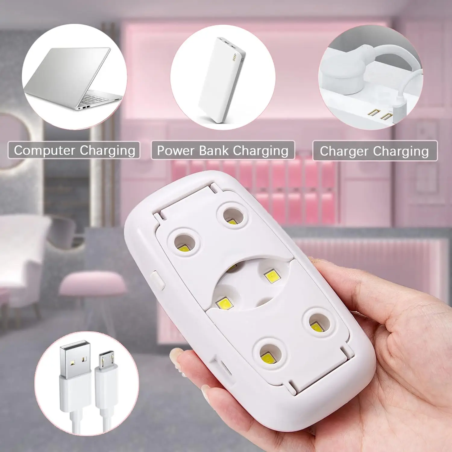 ضوء صغير للأشعة فوق البنفسجية لأظافر الجل، مصباح أظافر بالأشعة فوق البنفسجية LED واحد مع مرآة، مصباح معالجة مجفف الأظافر المحمول بقدرة 8 وات لسيارة بوليس منشئ الجل #4