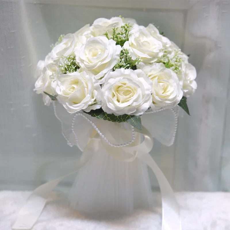 1PC Wedding Bouquets forBride,White rose Silk Ribbon Artificial Bouquet for Wedding ,Wedding Church Pearl lace rose bouquet