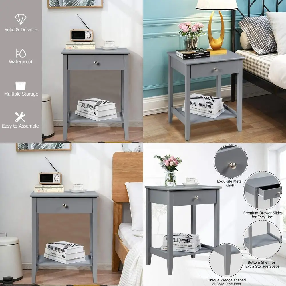 

2-Tier Modern Nightstand with Drawer and Shelf, Wooden Legs, Grey Accent Table for Bedroom and Living Room