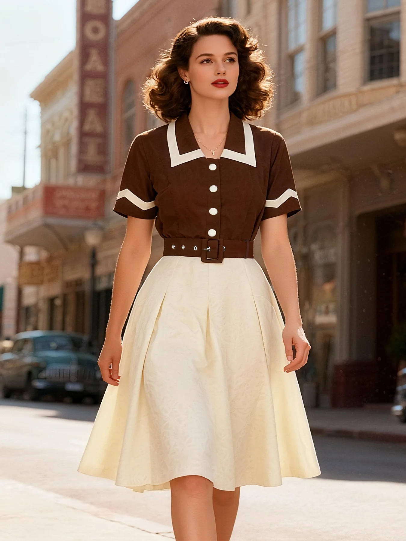 Tonval Two Tone Brown and Apricot Women Vintage Dresses 2026 Summer Turn-Down Collar Buttons Belted Pleated Dress