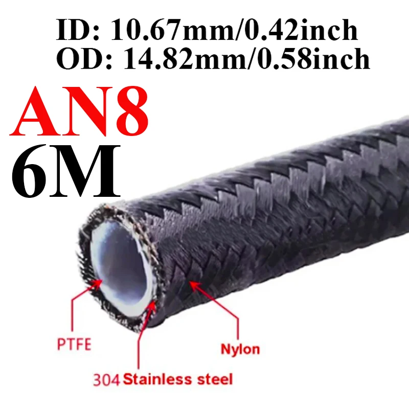 6M/20FT AN3 AN4 AN6 AN8 AN10 Zwarte brandstofslang olie gas koeler leiding pijp buis binnenkant PTFE nylon roestvrij staal dubbel gevlochten