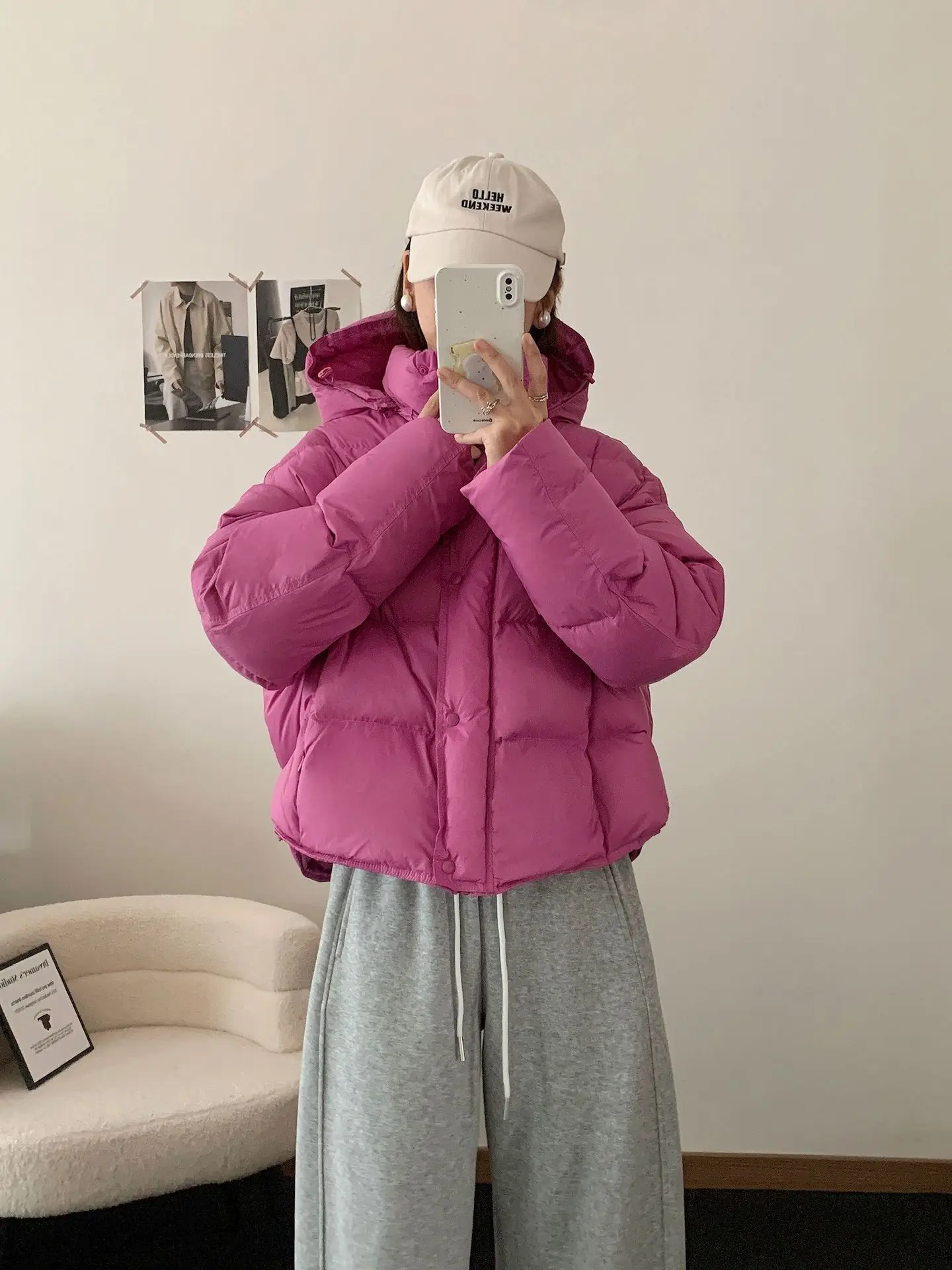Korean Cropped Hooded Down Jacket for Women Winter Thickened White Duck Down Coats Woman Solid Color All Match Puffer Jackets